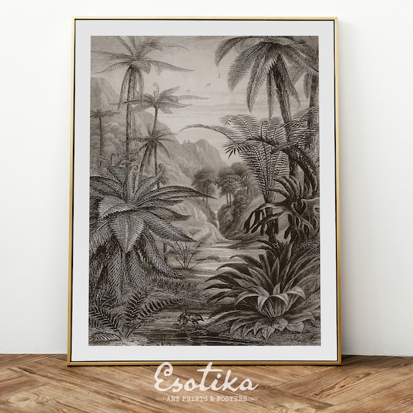 Jungle Druck / vintage POSTER / schwarz weiß / Tropisches Original Gemälde / vintage Palmenbild / großes Wandbild #150