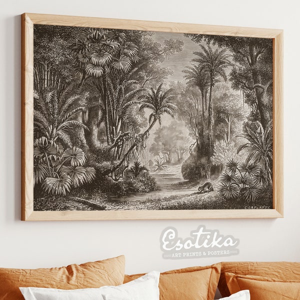 Monochrome tropical Jungle landscape / black forest wall art / Vintage botanical palm tree drawing / PRINTABLE brown art nature #149