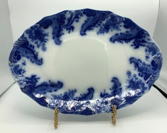 Argyle Pattern Flower Vase Center Gold Laurel On Blue Rare Find 14.25 inch Oval Platter On Sale Alfred Meakin Made in England