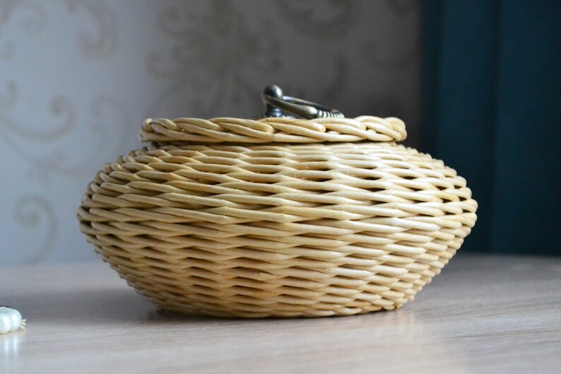 Small round basket with a lid with a handle in antique bronze. Etsy
