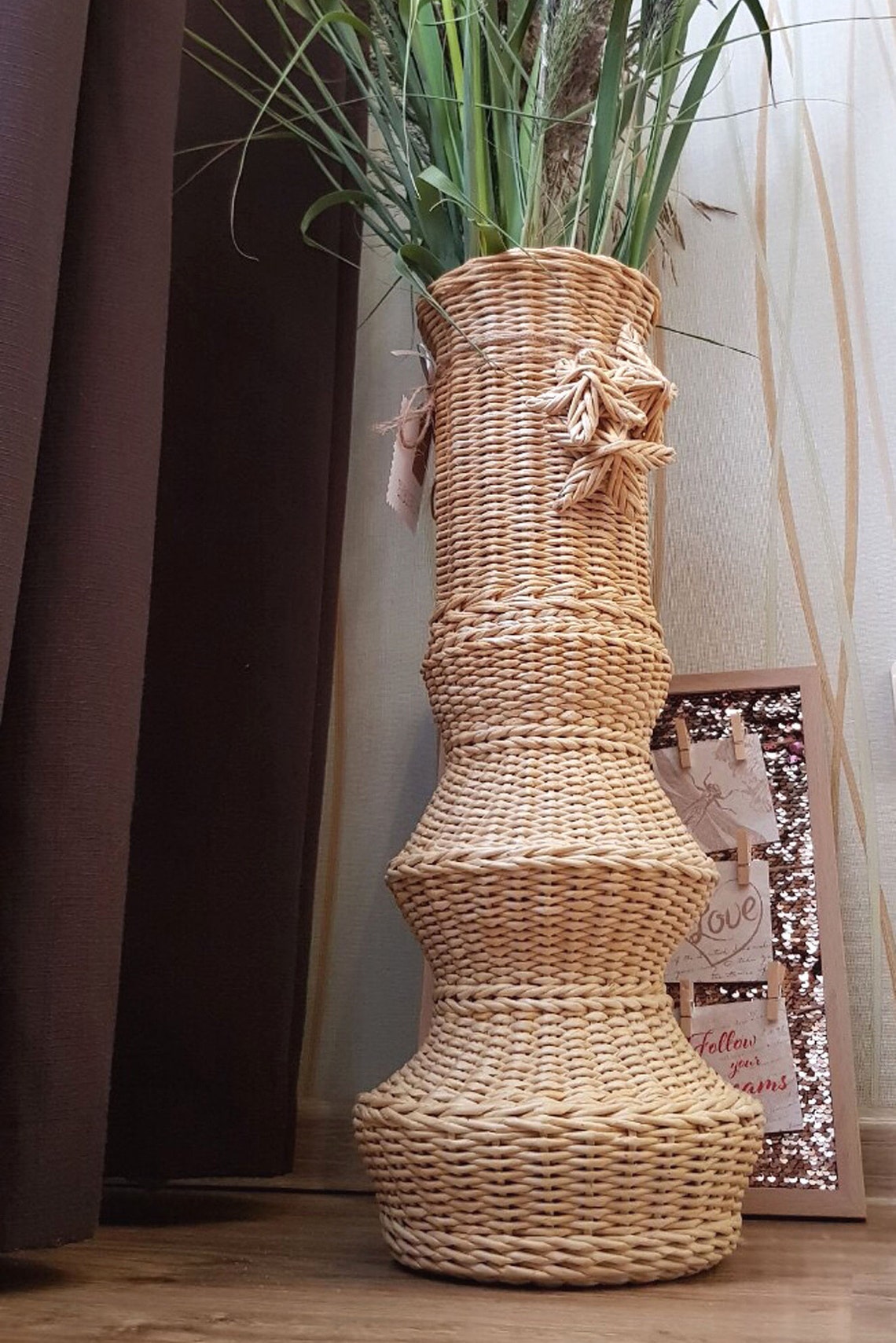 Floor vase. Large wicker vase of straw color elegant shape. Etsy