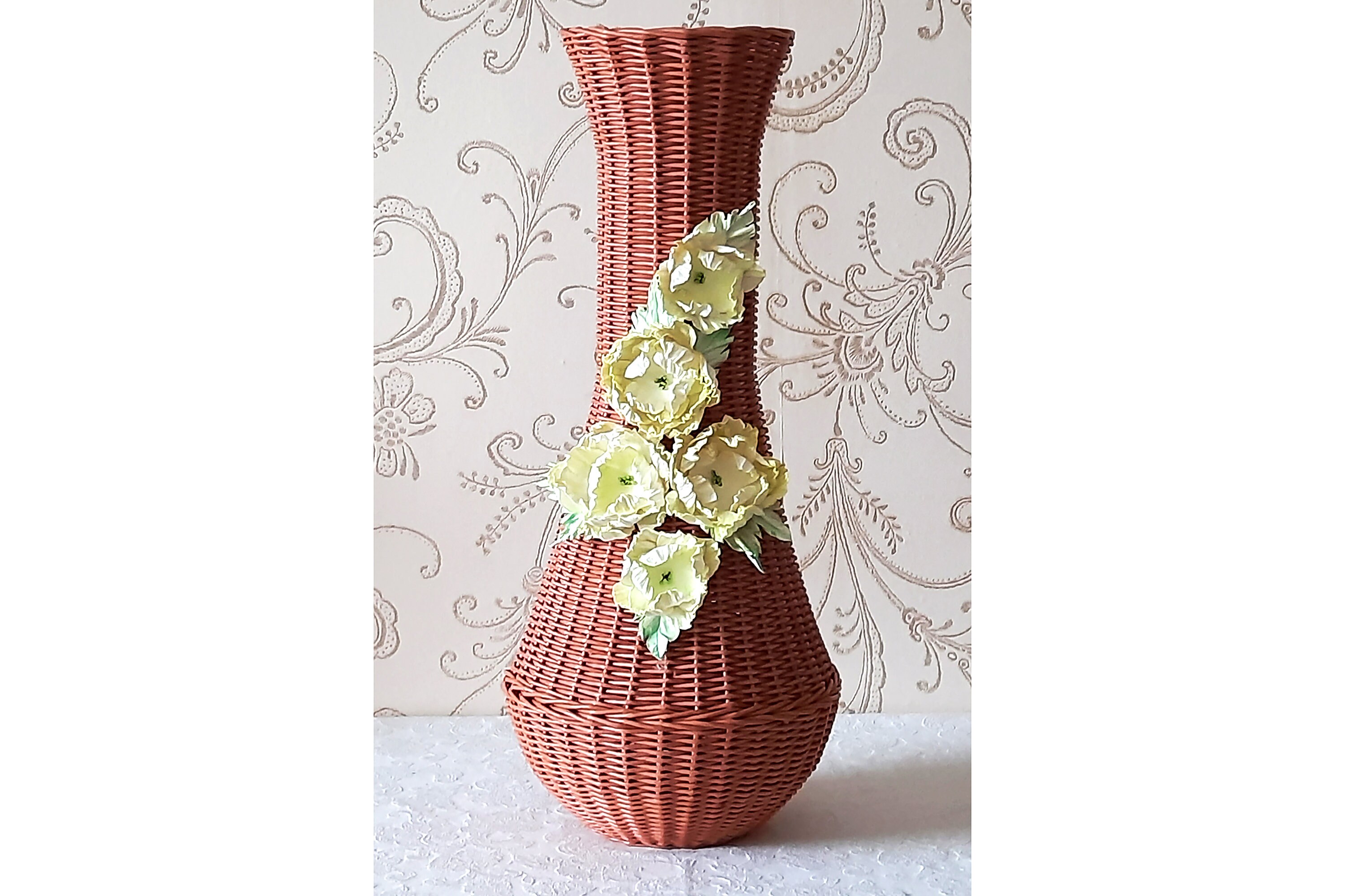 Wicker Vase Decorated With Large Flowers. Large Floor Vase for Etsy