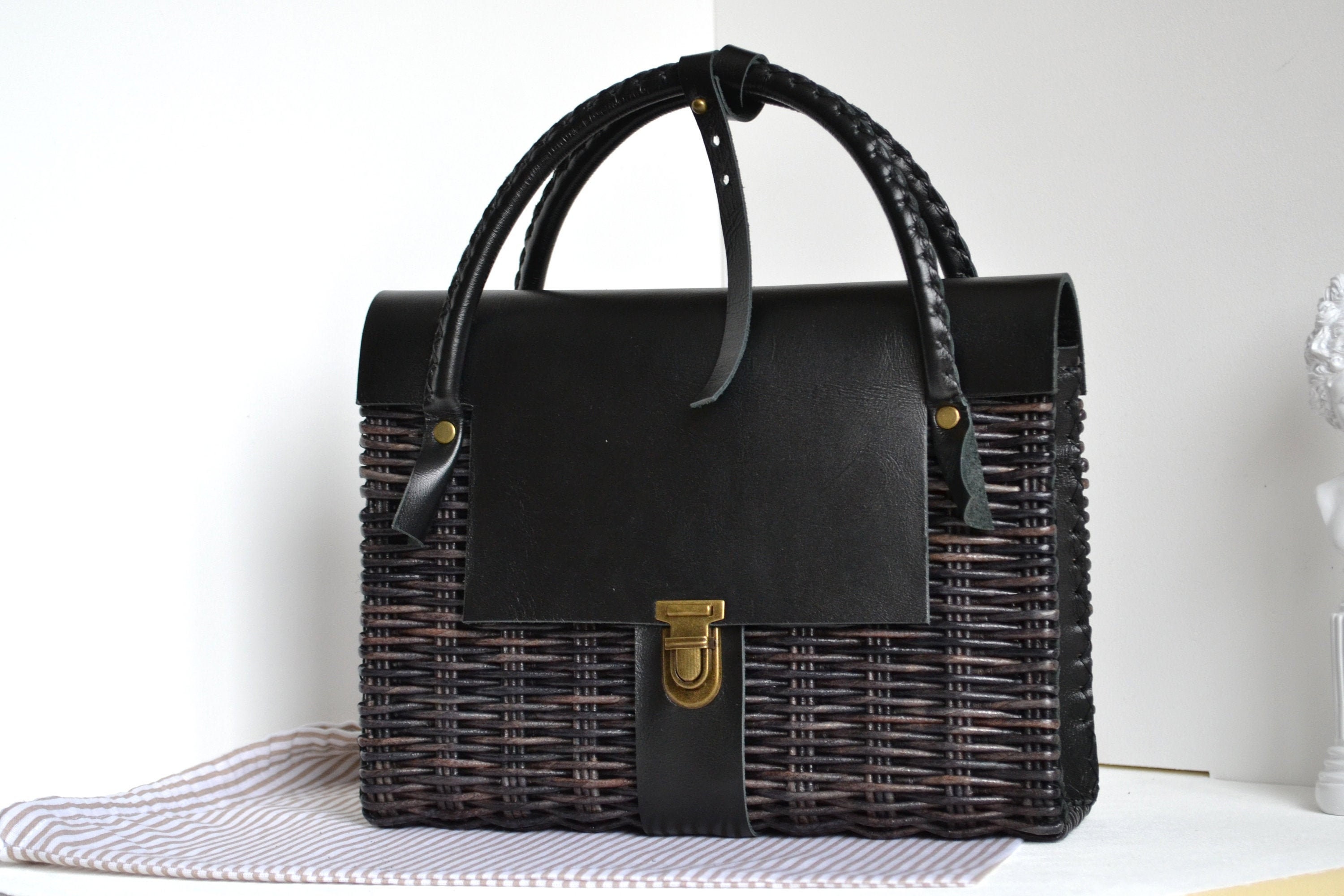 Black Wicker Bag with Leather Handles 60s Style Etsy