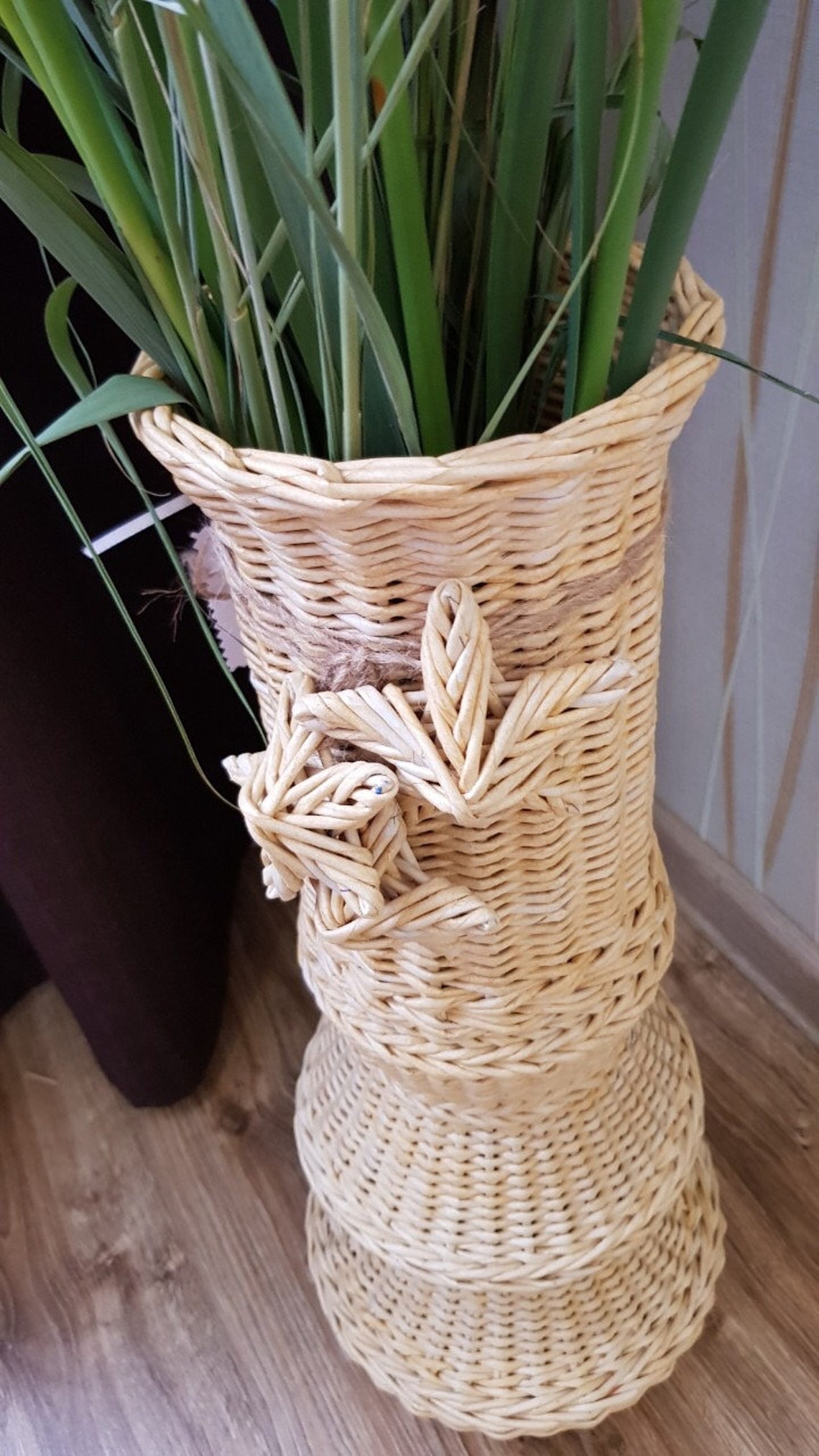 Floor vase. Large wicker vase of straw color elegant shape. Etsy