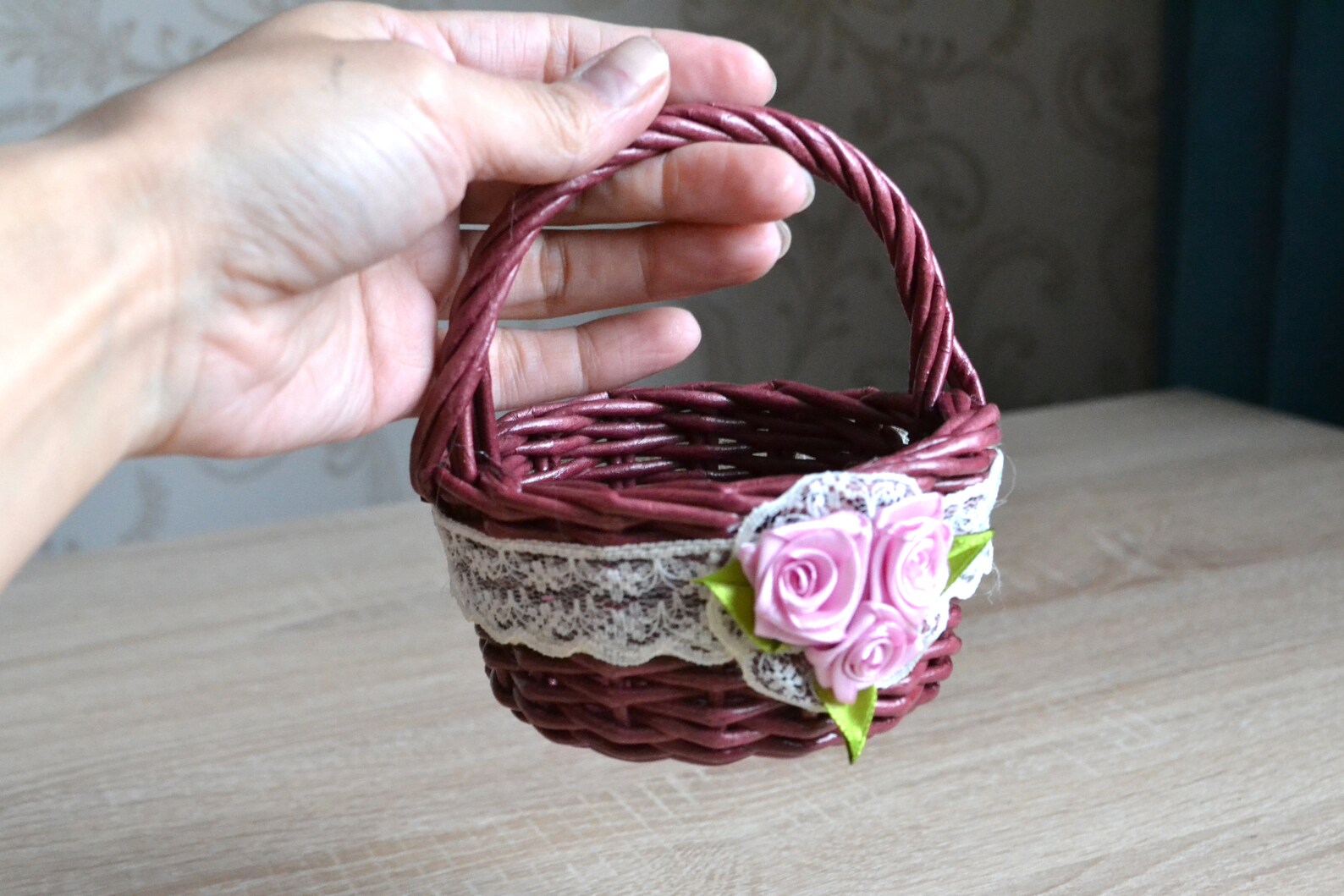 Easter basket is decorated with ribbons of roses and lace for Etsy