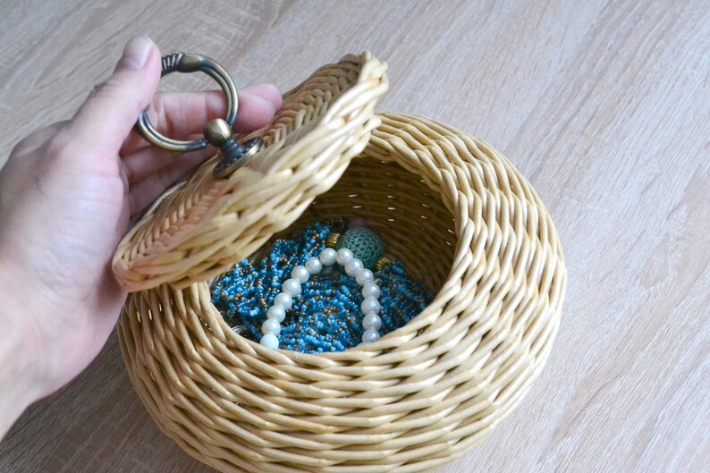 Small round basket with a lid with a handle in antique bronze. Etsy
