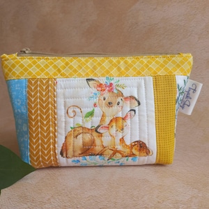 Quilted zipper pouch, Handmade cute soft cosmetic bag, Zipper fabric bag patchwork style with picture deers, gift for Mother or for Grandma
