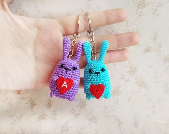 Tiny bunny with red heart crochet keychain - Cute Valentine's Day gift rabbit for friend