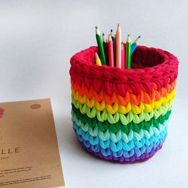 Crochet desktop organizer Rainbow, crochet basket for storing pencils, knitted school desk decor