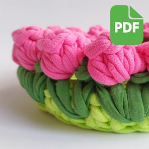 かぎ針編みのパターンバスケットチューリップ、編み花バスケットパターンPDF、かぎ針編み収納バスケットジュエリー