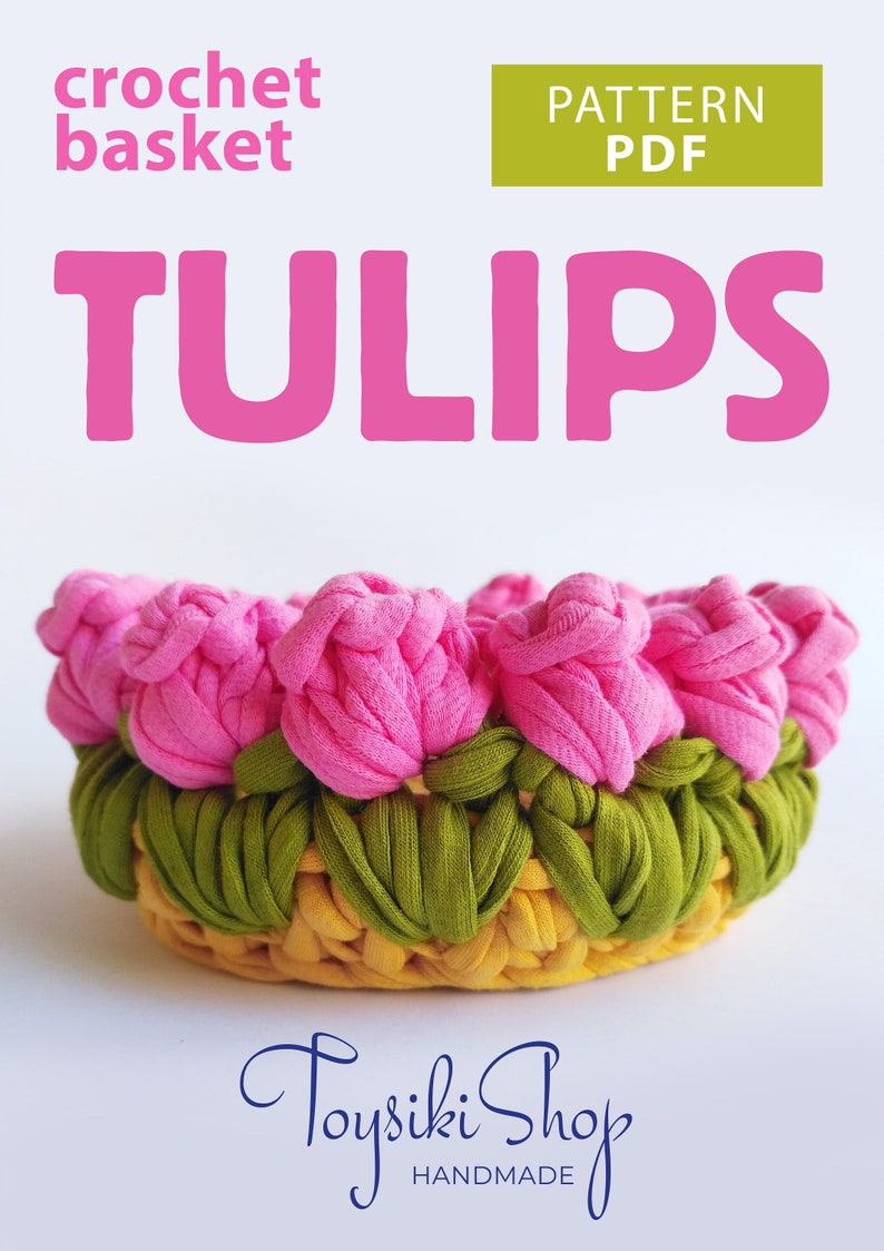 Virkmönster rund låg korg Tulpaner för förvaring av småsaker, Virkad presentkorg med blommor PDF-fil för nedladdning bild 9