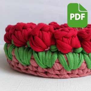 Crochet Pattern round  low basket Tulips for storage small things, Crochet gift basket with flowers PDF file download