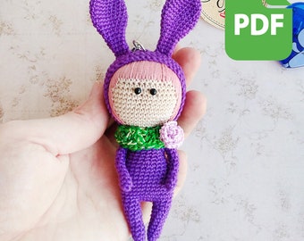 Bunny little doll crochet pattern - Amigurumi cute rabbit keychain DIY - Instant Download Digital file PDF