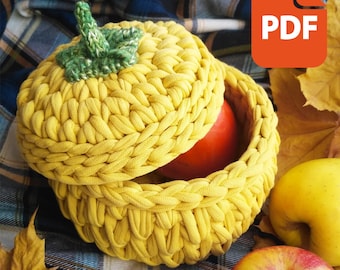 Pumpamönster för att skapa virkad korg med lock - Virkad höstdekor PDF-fil för nedladdning - DIY presentkorg för Thanksgiving