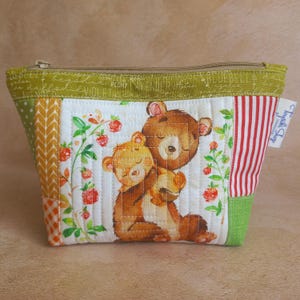 Cute quilted zipper pouch, Handmade soft cosmetic bag, Zipper fabric bag patchwork style with picture bears, gift for Mother or for Grandma