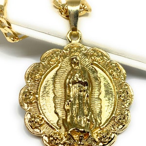 Gold Plated Virgin Mary Sagrado Corazon Pendant Necklace Virgen Guadalupe Medalla 24&quot; Necklace Figaro Chain Oro Laminado