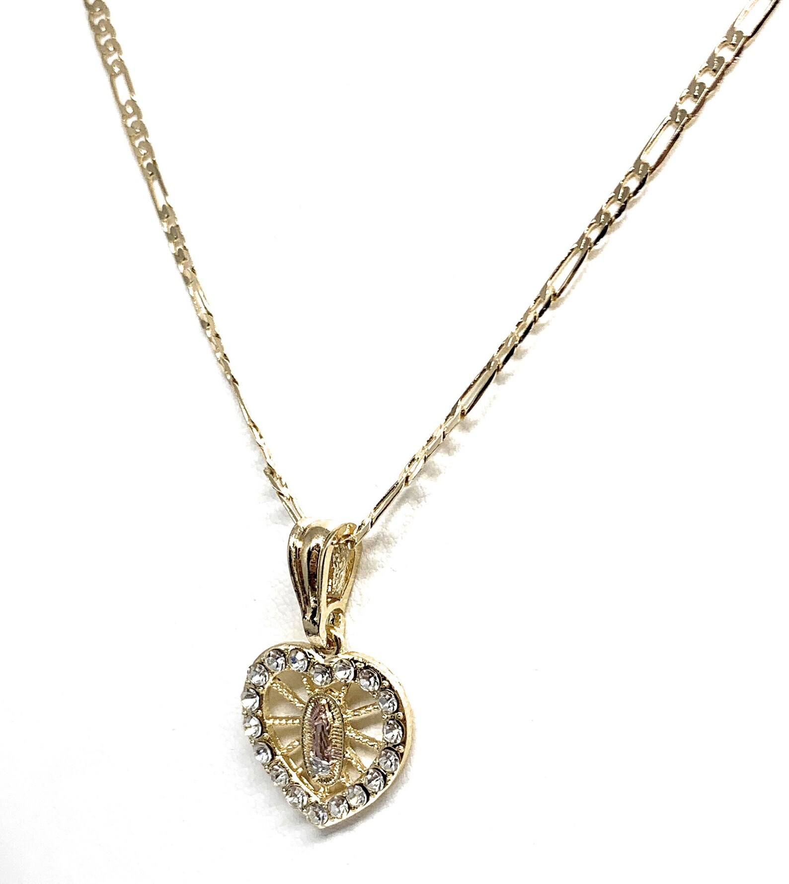 Gold Plated Virgin Mary Heart CZ Pendant Necklace 24” Virgen Guadalupe ...