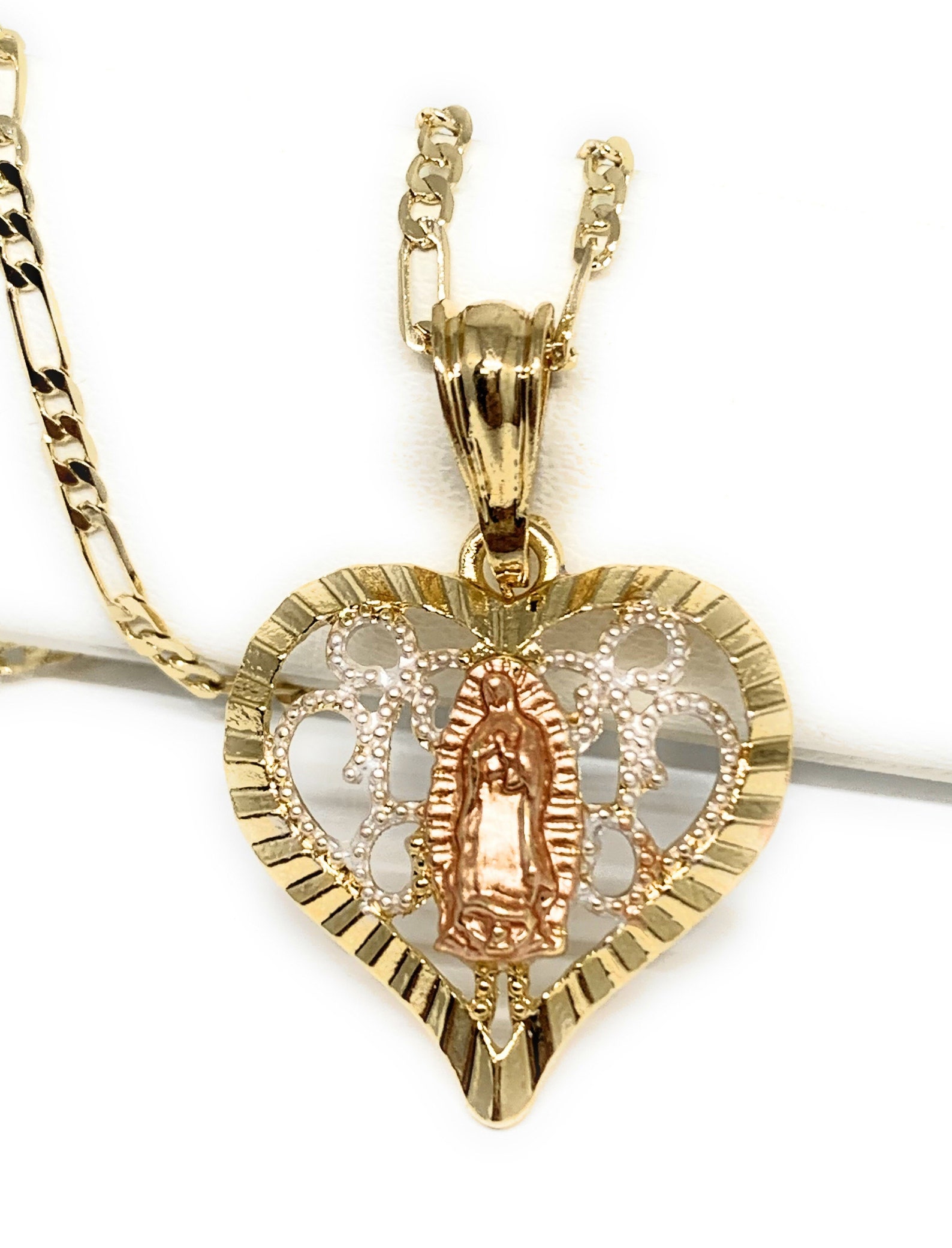 Gold Plated Tri-color Virgin Mary Filigran Heart Pendant Necklace ...