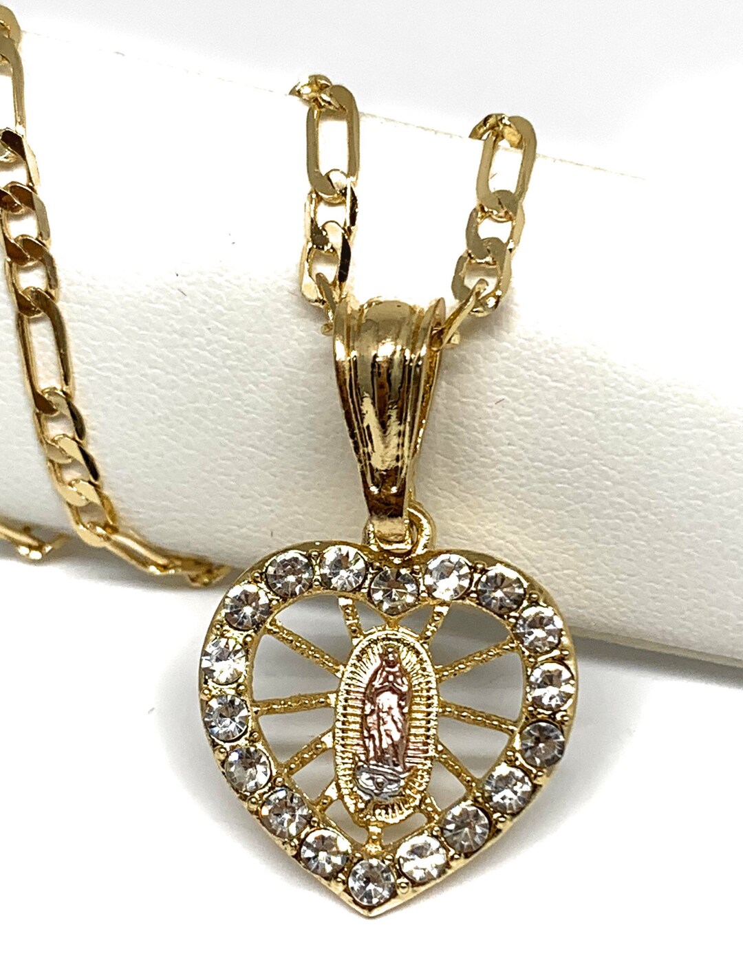 Gold Plated Virgin Mary Heart CZ Pendant Necklace 24” Virgen Guadalupe ...