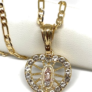 Gold Plated Virgin Mary Heart CZ Pendant Necklace 24” Virgen Guadalupe Medalla Pendant Necklace Figaro Chain Oro Laminado