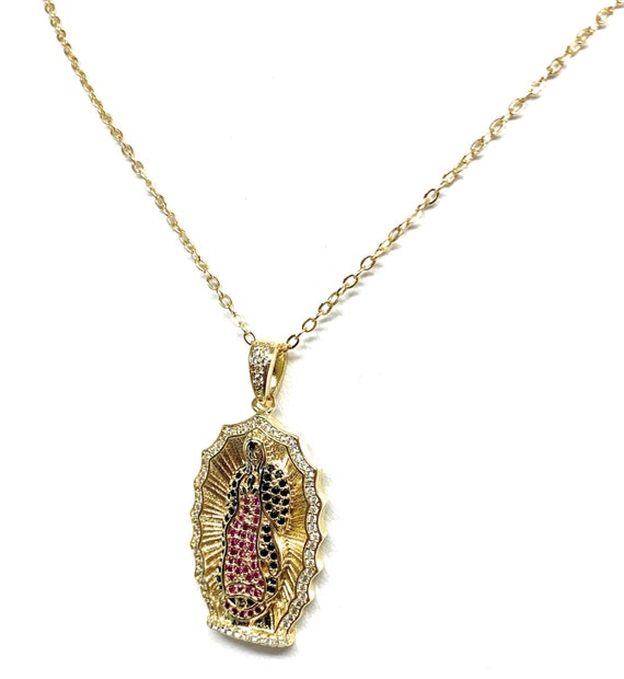 Gold Plated Virgin Mary Colorful Rhinestone CZ Pendant