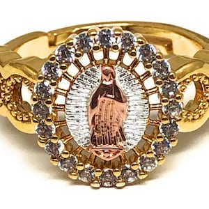 Gold Plated Tri-Color Virgin Mary CZ  Ring Virgen Guadalupe Anillo Adjustable Sizes (5-12)