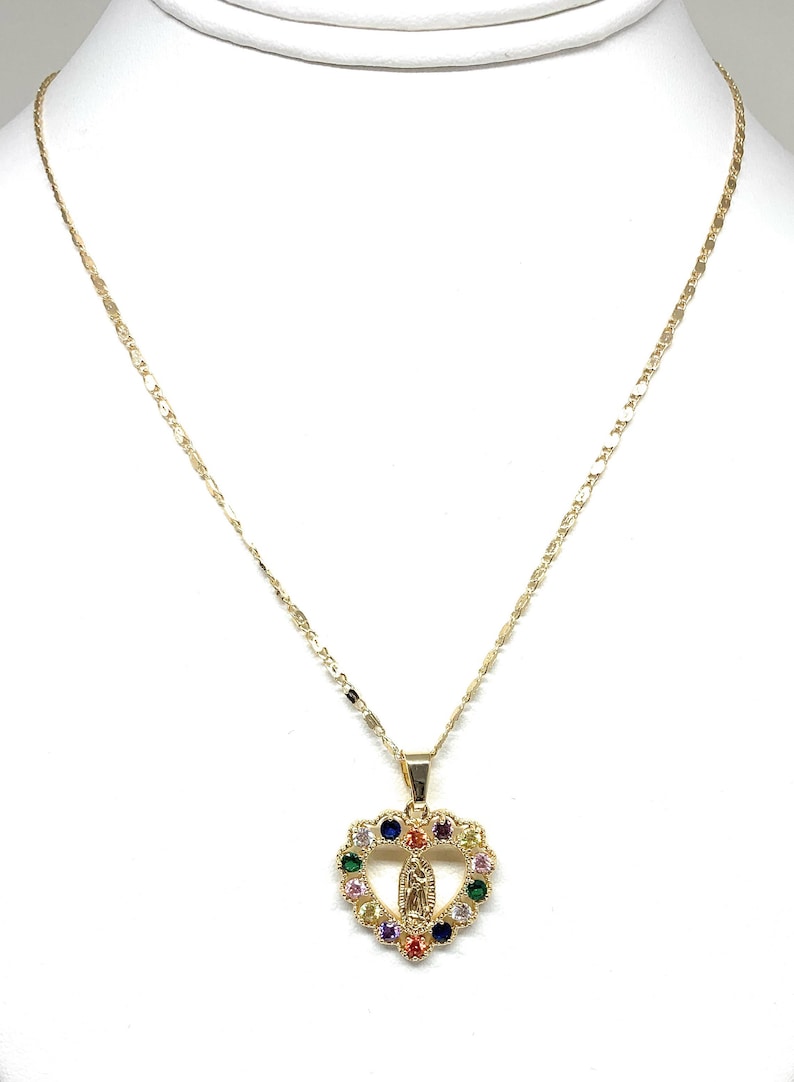 Gold Plated Virgin Mary Heart CZ Pendant Necklace Virgen De Guadalupe ...