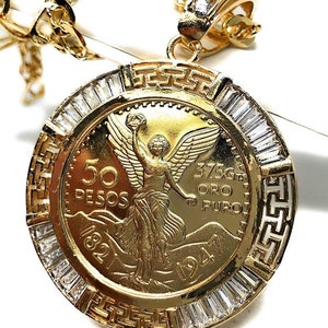 Gold Plated Coin Centenario Mexicano Moneda 50 Pesos Pendant Chain CZ Oro Cadena 26&quot;