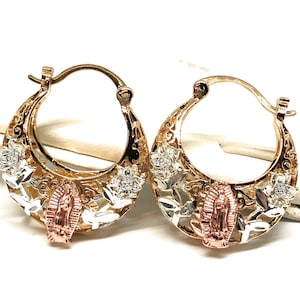 Gold Plated Tri Color Virgin Mary Flower Basket Earrings Virgen Guadalupe Aretes Canasta Tres Colores