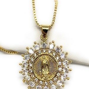 Gold Plated Virgin Mary Round CZ Pendant Necklace 20” Virgen Guadalupe Medalla Pendant Neck Oro Laminado