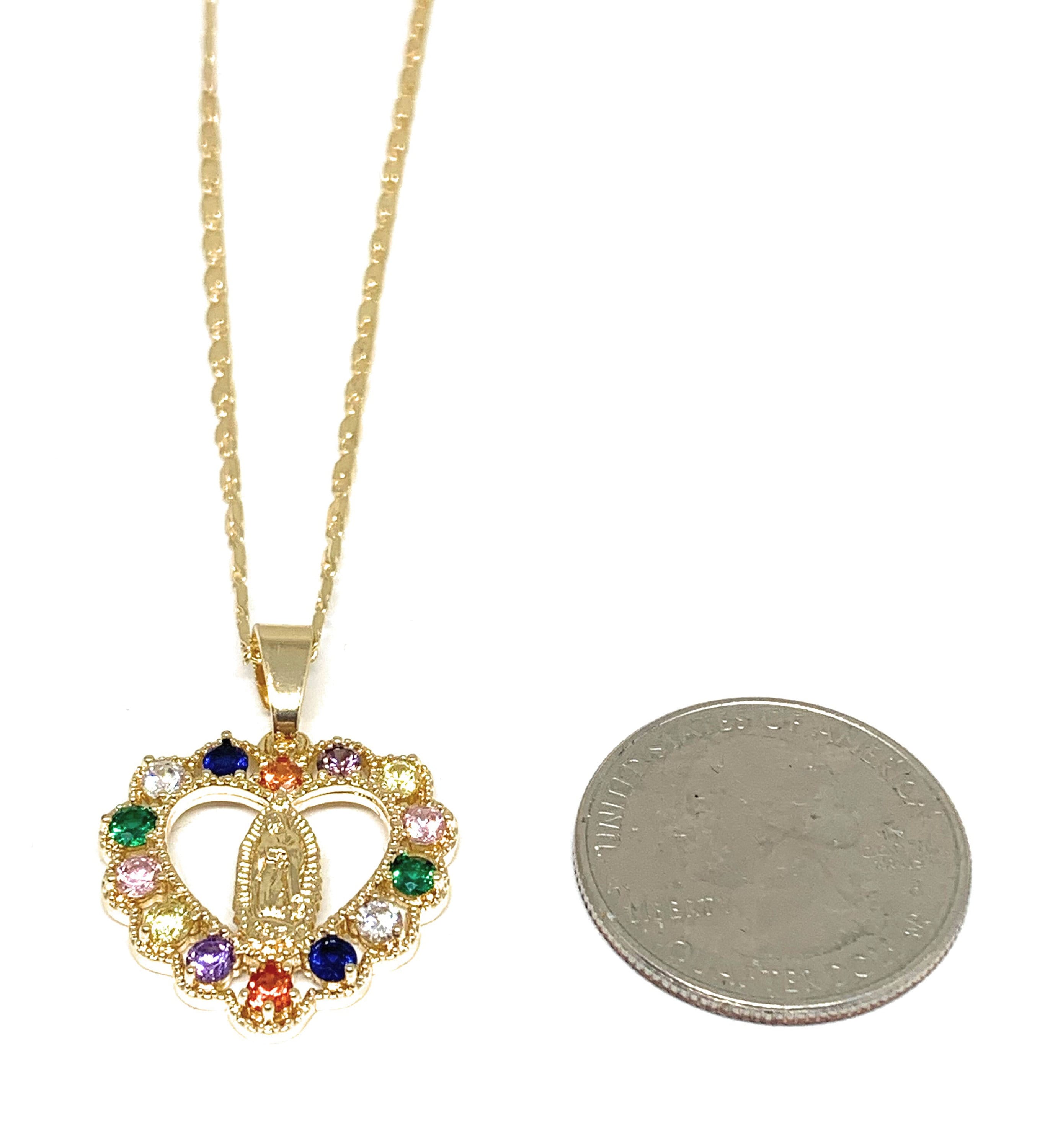 Gold Plated Virgin Mary Heart CZ Pendant Necklace Virgen De Guadalupe ...