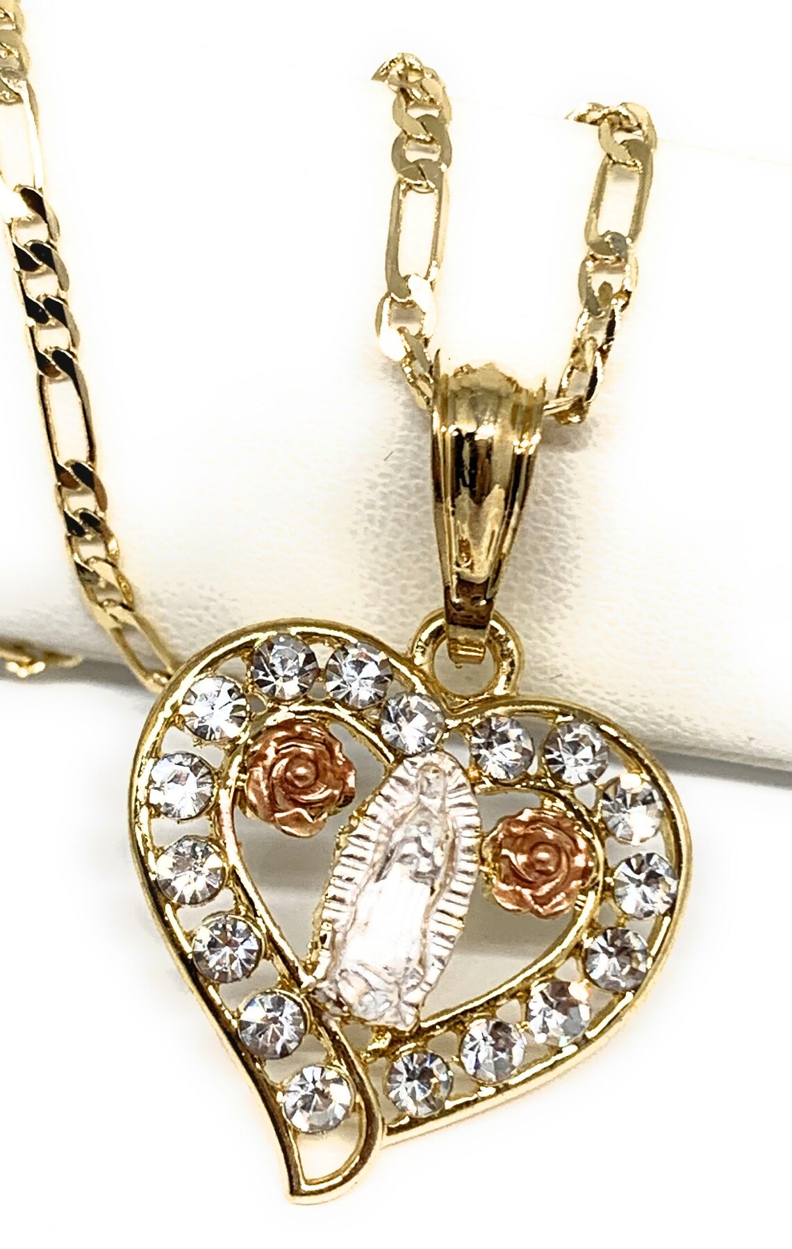 Gold Plated Tri-color Virgin Mary Filigran CZ Heart Pendant Necklace ...