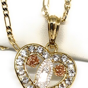 Gold Plated Tri-color Virgin Mary Filigran CZ Heart Pendant Necklace ...