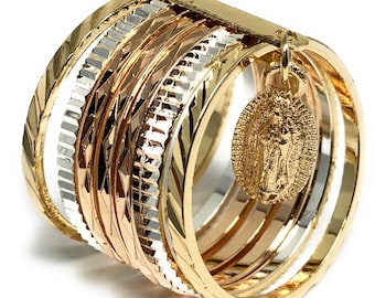 Tri-Color Gold Plated Semanario Virgin Mary Ring Virgen De Guadalupe Anillo Semanario Tres Colores