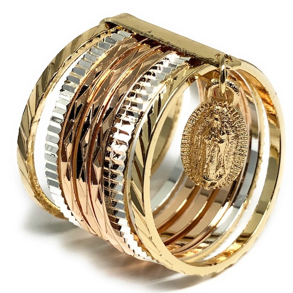 Tri-Color Gold Plated Semanario Virgin Mary Ring Virgen De Guadalupe Anillo Semanario Tres Colores