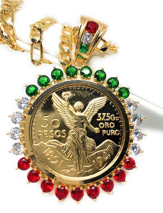 Gold Plated Coin Centenario Mexicano Moneda 50 Pesos Pendant Chain CZ Oro Cadena 26 Etsy
