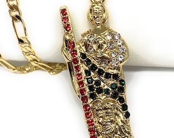 Gold Plated Saint Jude Pendant Red, White, Green CZ Necklace 24" Figaro San Judas Tadeo Medalla