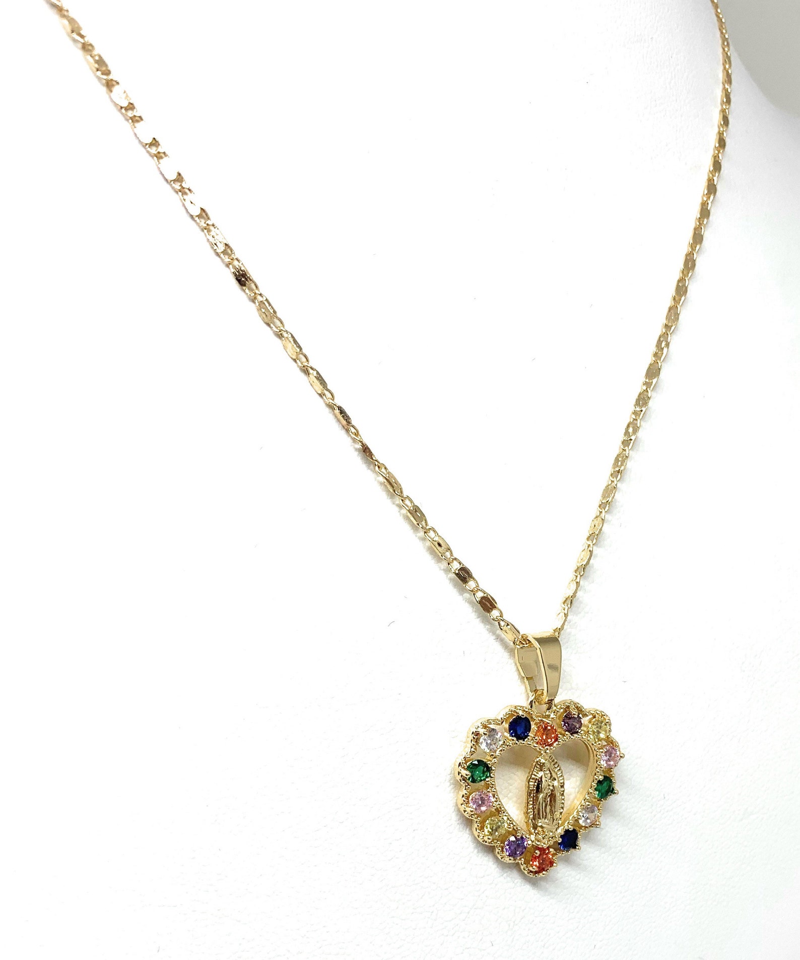 Gold Plated Virgin Mary Heart CZ Pendant Necklace Virgen De Guadalupe ...