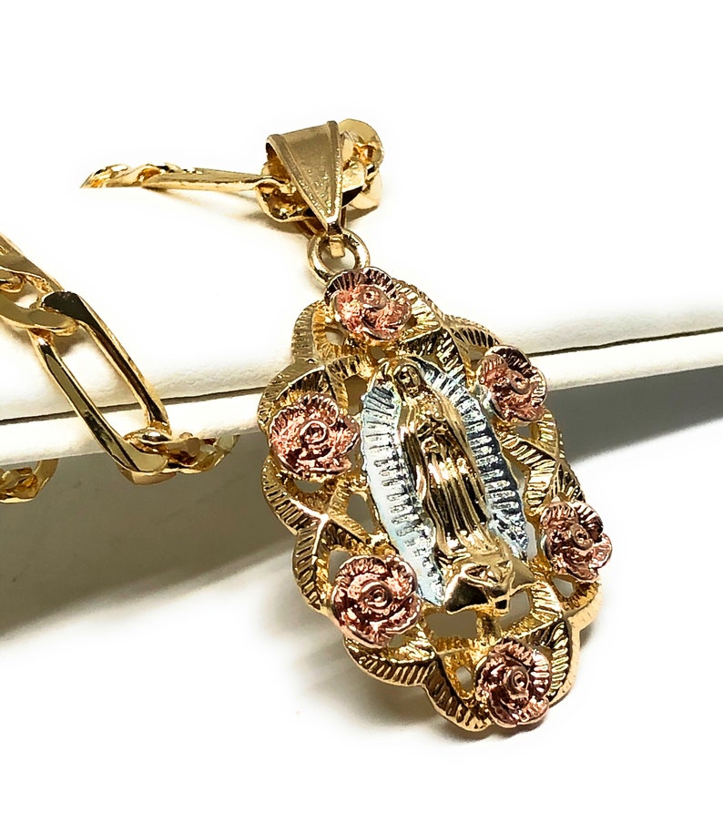 Gold Plated Virgin Mary Flower Pendant Necklace Virgen De Etsy