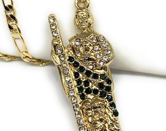 Gold Plated Saint Jude Pendant White, Green CZ Necklace 24" Figaro San Judas Tadeo Medalla