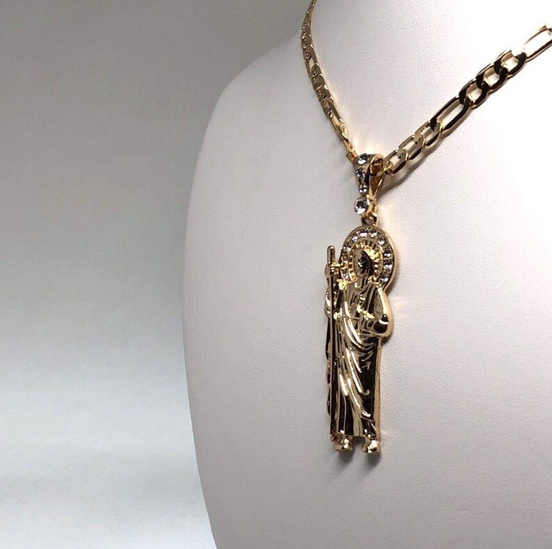 Gold Plated Saint Jude Pendant Necklace Figaro Chain San Judas Tadeo ...