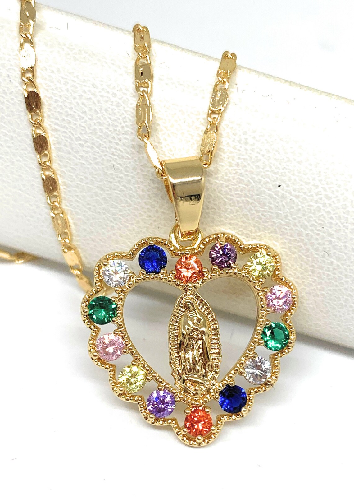 Gold Plated Virgin Mary Heart CZ Pendant Necklace Virgen De Guadalupe ...