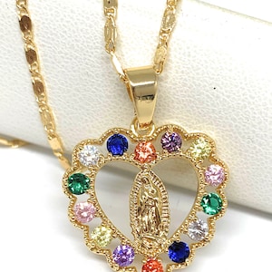 Gold Plated Virgin Mary Heart CZ Pendant Necklace Virgen De Guadalupe Medalla Pendant Necklace 18” Valentina Chain Oro Laminado