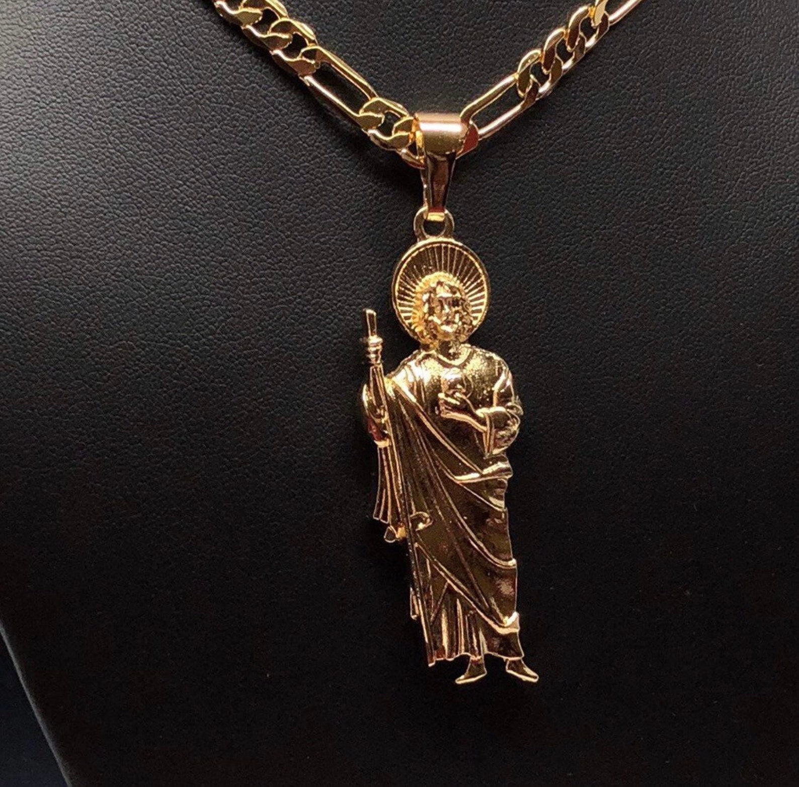 Gold Plated Saint Jude Pendant Necklace Figaro Chain San Judas Tadeo ...