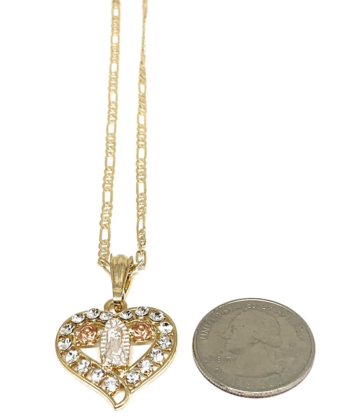 Gold Plated Tri-color Virgin Mary Filigran CZ Heart Pendant Necklace ...