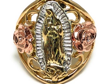 Gold Plated tri-color Virgin Mary Flower Ring Virgen De Guadalupe Anillo Flores