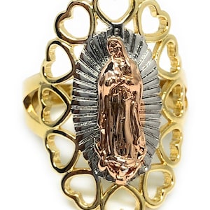 Tri-Color Gold Plated Virgin Mary Heart Ring Virgen De Guadalupe Corazon Anillo Tres Colores