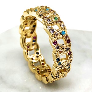 Gold Plated Rainbow Colorful Stone Cuban Link Style Ring Anillo Cuban Link