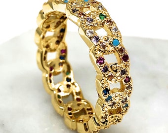 Gold Plated Rainbow Colorful Stone Cuban Link Style Ring Anillo Cuban Link