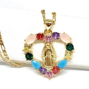 Gold Plated Virgin Mary Colorful Rhinestone Heart CZ Pendant Necklace 20” Virgen Guadalupe Medalla Pendant Neck Oro Laminado